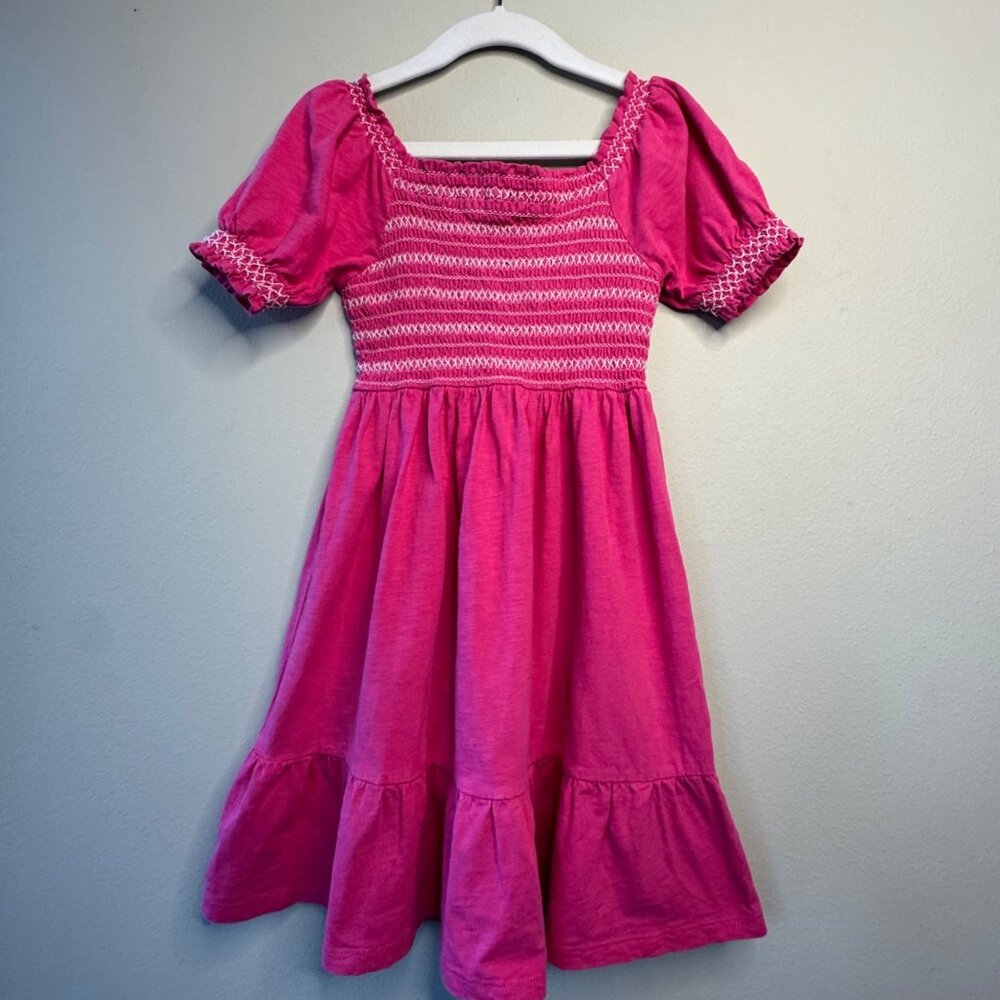 MINI BODEN Shirred Dress Girls 7-8 Pink Smocked Cotton Puff Sleeves - Picture 2 of 9